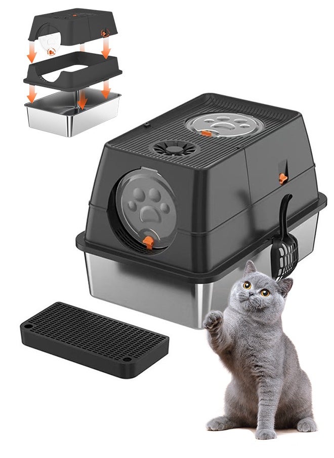 PET - Closed stainless steel cat litter box with lid, 36Lextra large side entry top exit large cat litter box, high sides can accommodate multiple large cats, with double filter pedals and scoop, high sides are non-stick and leak-proof, metal cat litter box will never absorb odors (black) - Image 1