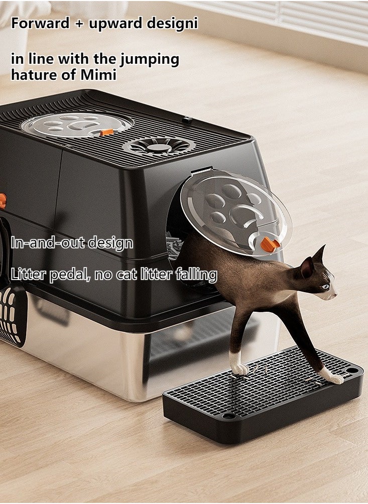PET - Closed stainless steel cat litter box with lid, 36Lextra large side entry top exit large cat litter box, high sides can accommodate multiple large cats, with double filter pedals and scoop, high sides are non-stick and leak-proof, metal cat litter box will never absorb odors (black) - Image 1