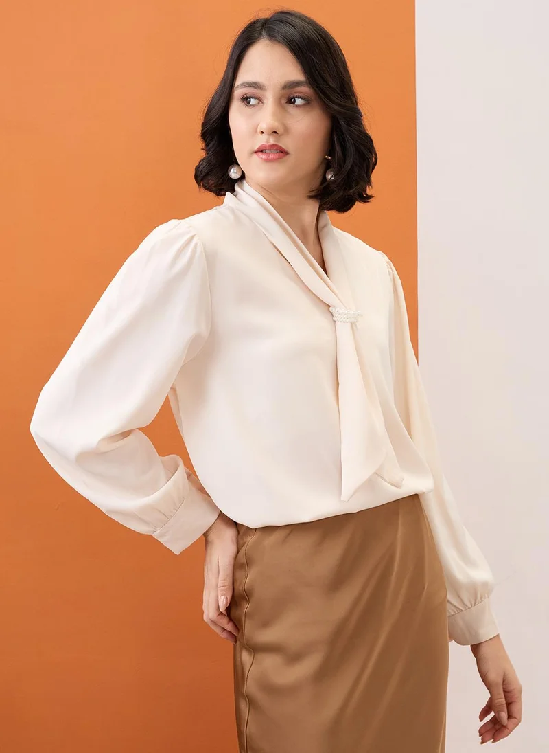 globus Globus Women Beige Tie-Up Neck Cuff Sleeves Workwear Top