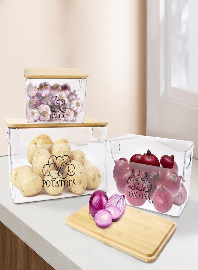 Xbopetda Potato and Onion Storage Bins, Transparent Acrylic Bin with Bamboo Lid, Stackable Vegetable Storage Bins for Potato, Onion, Garlic, Set of 3 - Image 3