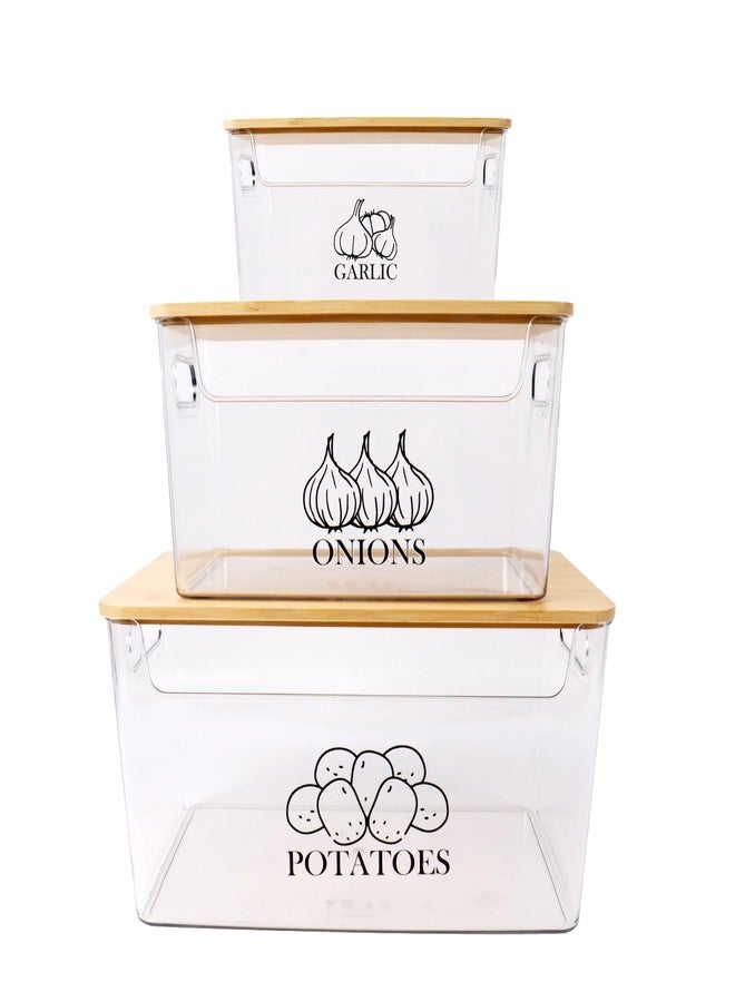Xbopetda Potato and Onion Storage Bins, Transparent Acrylic Bin with Bamboo Lid, Stackable Vegetable Storage Bins for Potato, Onion, Garlic, Set of 3 - Image 1