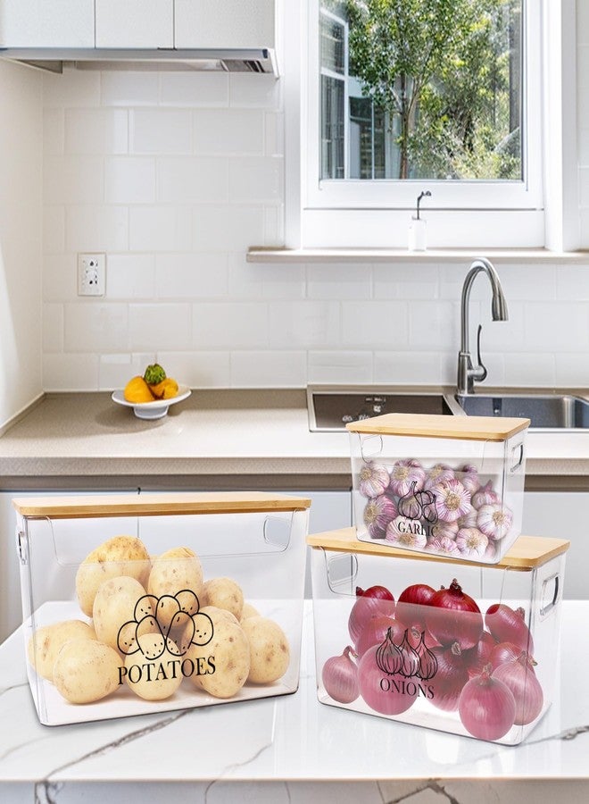Xbopetda Potato and Onion Storage Bins, Transparent Acrylic Bin with Bamboo Lid, Stackable Vegetable Storage Bins for Potato, Onion, Garlic, Set of 3 - Image 4