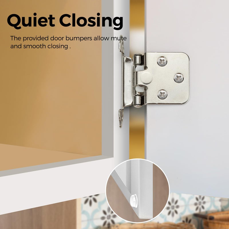 Ravinte Decor 30 Pack 15 Pair Brushed Nickel Cabinet Hinges - 1/2 inch Overlay Kitchen Cabinet Hinges, Semi-Concealed Hinges, Self Closing Cabinet Door Hinges with Door Bumper, Silver Face Mount Cabinet Hardware - Image 4