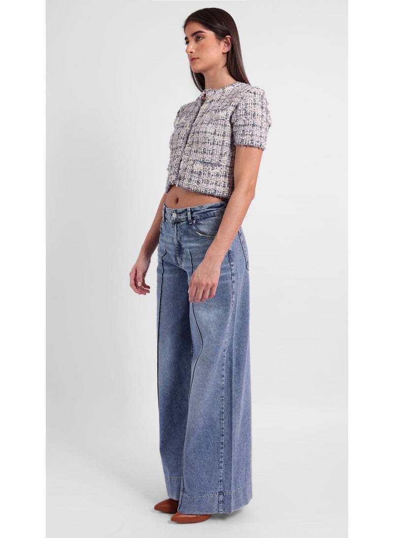 KYVELi Women’s Cropped Tweed Short-Sleeve Top – Grey - Image 3