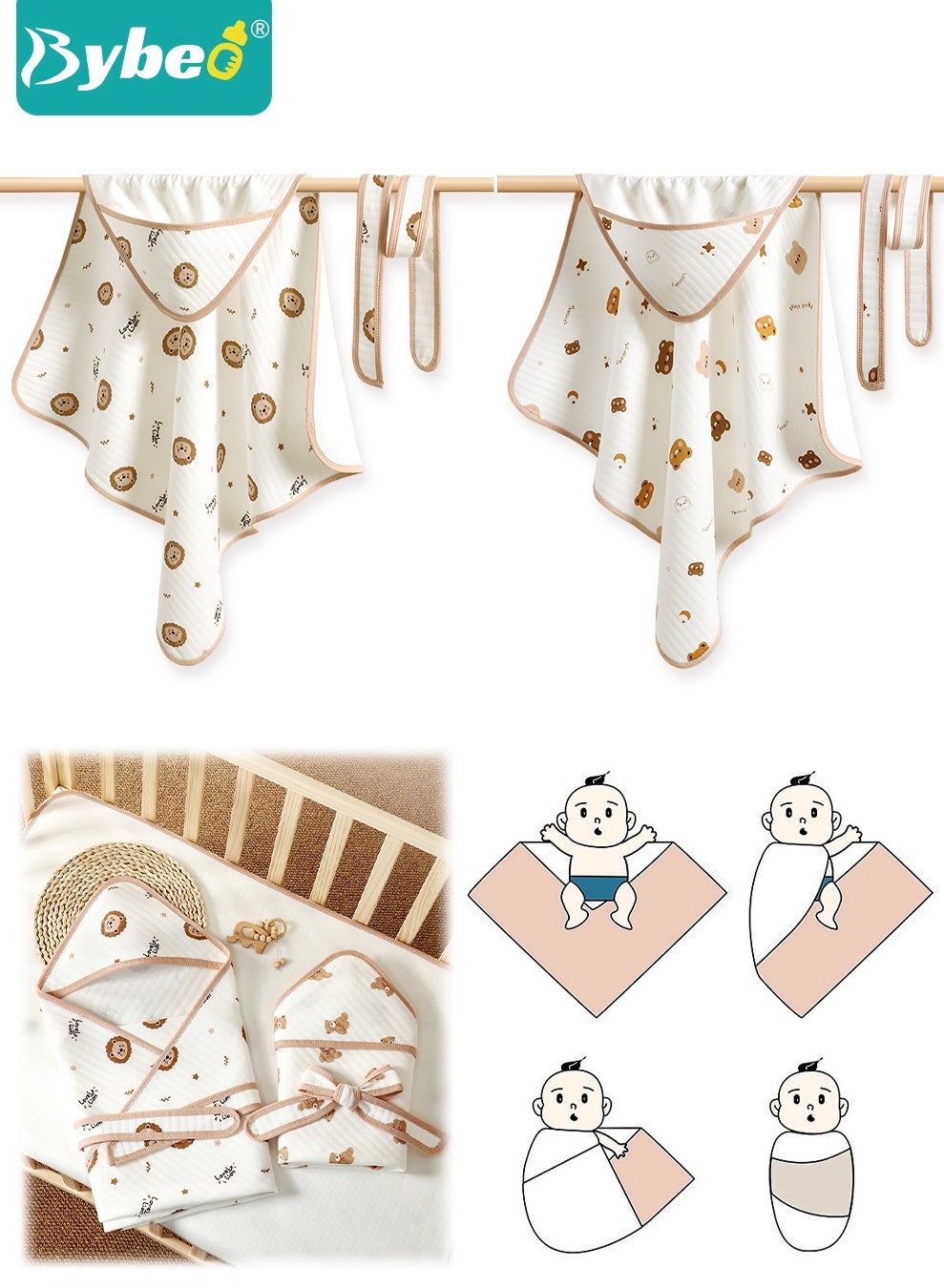 2 PCS Baby Swaddle Blanket Wrap Cap Set Newborn Infant Sleep Sack With Caps and Belt, 100% Breathable Cotton 0-12 Month