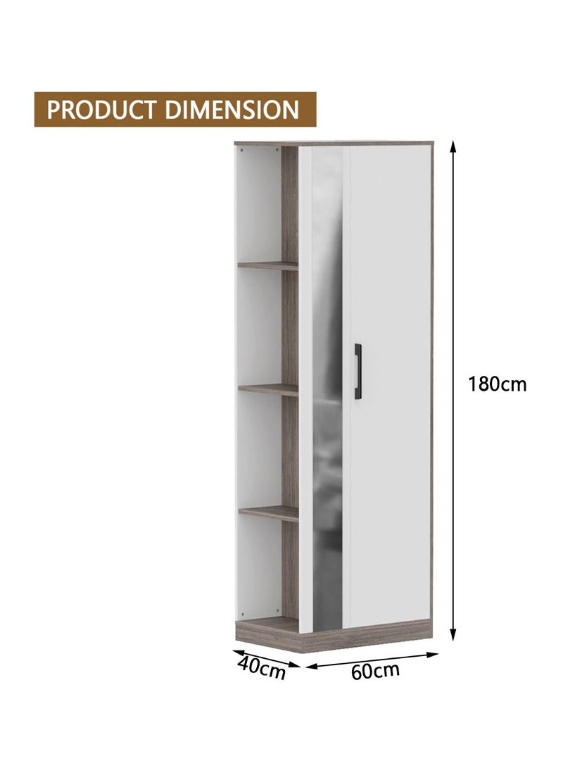 Mahmayi Modern Single Door Wardrobe with 3 Open Side Shelves, Mirror and Hanging Rods Efficient Storage for Home, Bedroom Anthracite Sherman Oak
