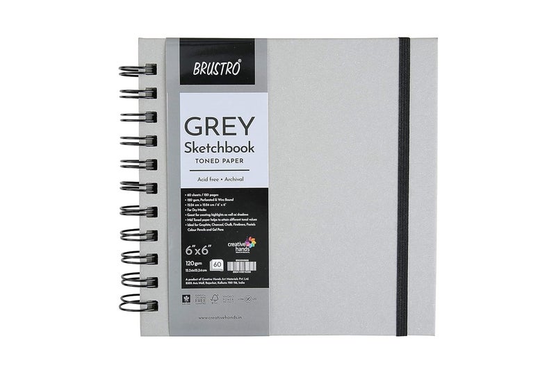 BRUSTRO Toned Paper - Grey Sketchbook, Wiro Bound, Size 6" x 6", 120GSM (60 Sheets) 120 Pages - Image 1