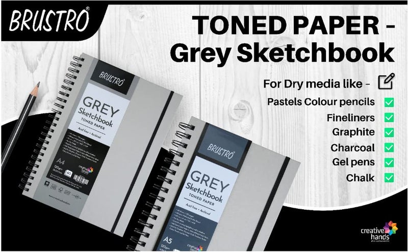 BRUSTRO Toned Paper - Grey Sketchbook, Wiro Bound, Size 6" x 6", 120GSM (60 Sheets) 120 Pages - Image 2