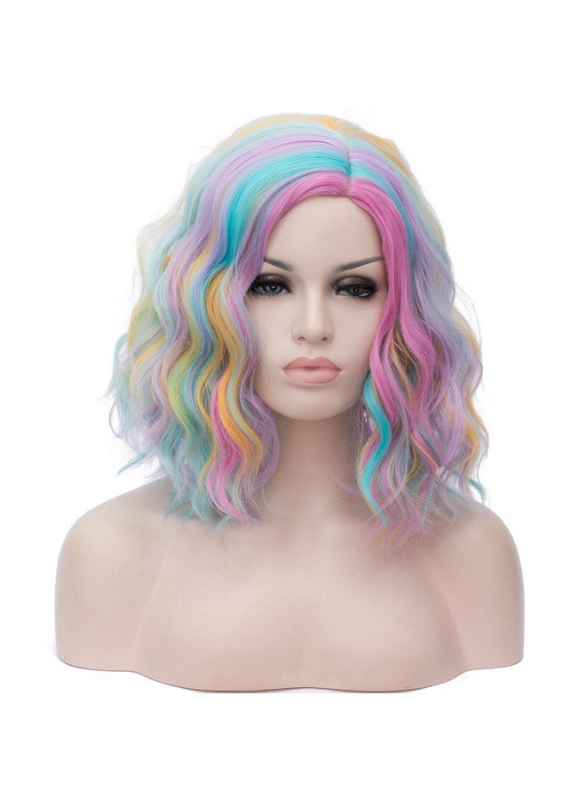 Cying Lin Short Bob Wavy Curly Wig Rainbow Colorful Wig Wig For Women Cosplay Halloween Wigs Heat Resistant Bob Party Wig Include Wig Cap (Rainbowcolored) - Image 1