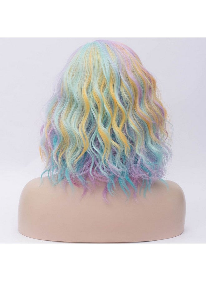Cying Lin Short Bob Wavy Curly Wig Rainbow Colorful Wig Wig For Women Cosplay Halloween Wigs Heat Resistant Bob Party Wig Include Wig Cap (Rainbowcolored) - Image 5