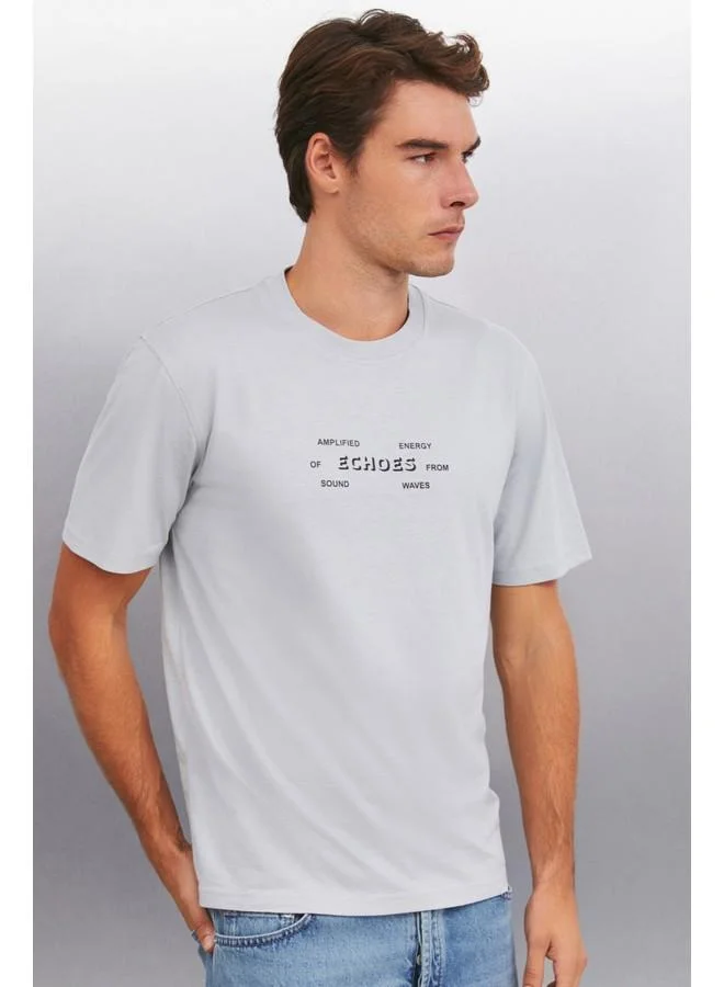GRIMELANGE Grimelange Kingsley Men's Cotton Printed Short Sleeve Regular Fit Grey T-Shirt