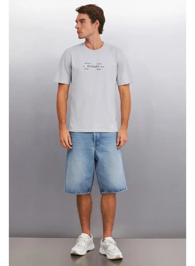 GRIMELANGE Grimelange Kingsley Men's Cotton Printed Short Sleeve Regular Fit Grey T-Shirt