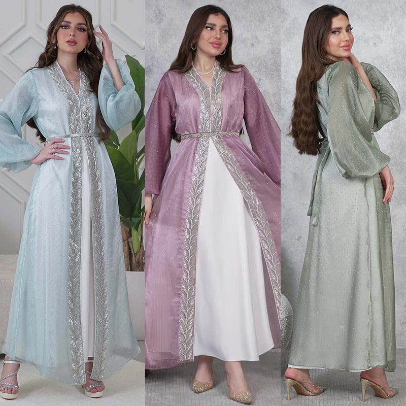 فستان طويل أنيق بأكمام منتفخة مع حلي راينستون (طقم من 3 قطع) - Image 1