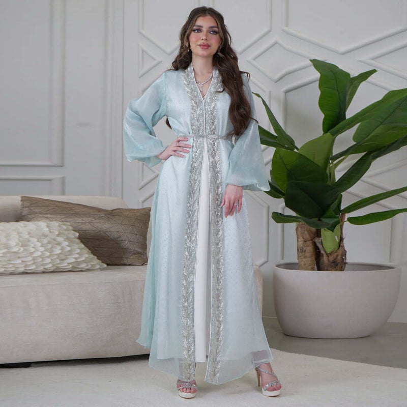 فستان طويل أنيق بأكمام منتفخة مع حلي راينستون (طقم من 3 قطع) - Image 2
