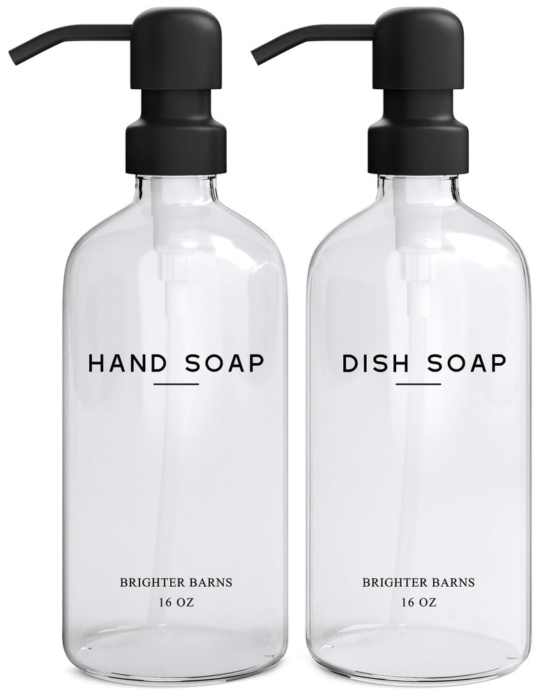 Clear Glass Hand and Dish Soap Dispenser Set by Brighter Barns  Kitchen Soap Dispenser Set  Pump  Glass Bottles for Kitchen Sink  Neutral Home Decor Modern Farmhouse Bathroom Accessories Clear