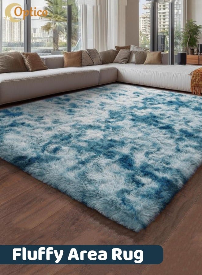 Loquat Fluffy Area Rug, Tie-Dye Blue Luxury Rug Carpet Non-Slip Indoor Carpet Cozy Carpet Runner Rug Non Shedding Shaggy Carpets Fuzzy Rug for Living Room, Modern Indoor Plush Carpets - Image 1
