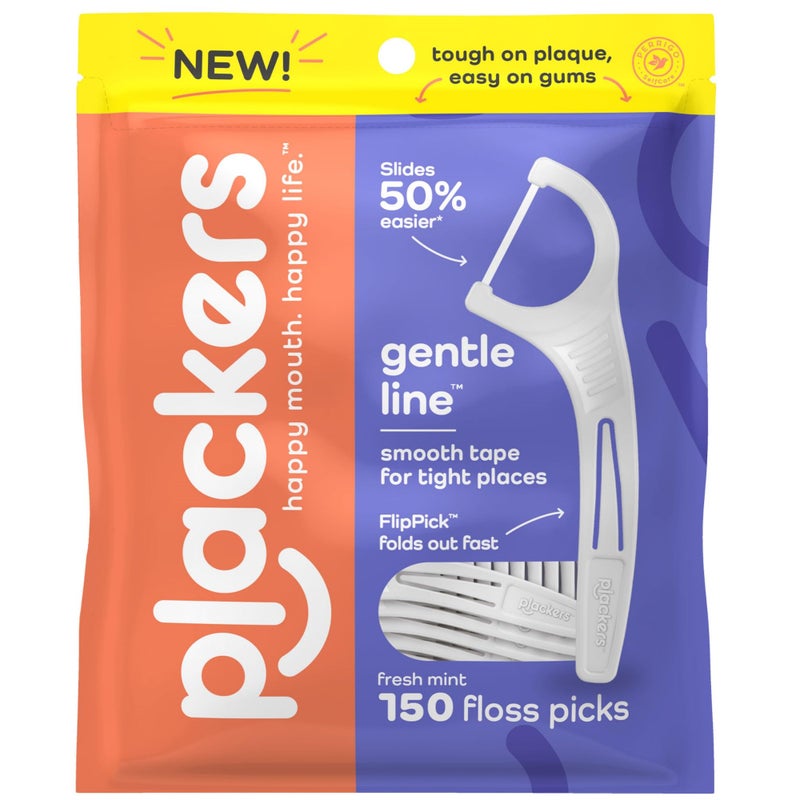 Plackers Gentle Line Floss Picks, Fresh Mint Flavor, Fold-Out FlipPick, QuickFix Grip, Easy Storage with Sure-Zip Seal, 150 Count - Image 1
