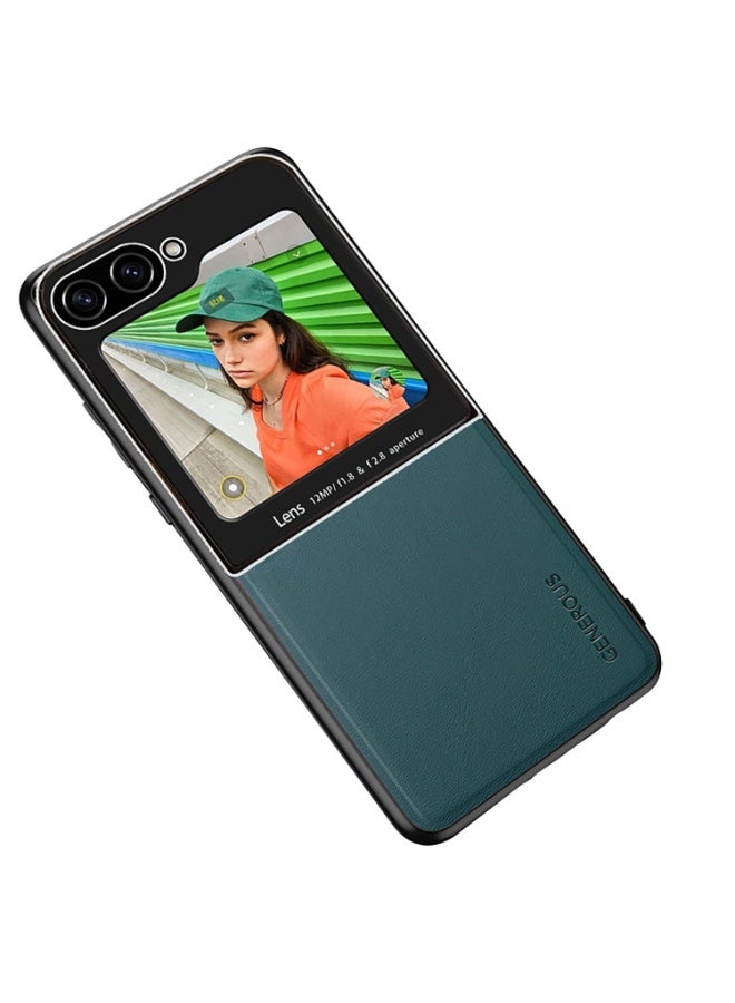 Case Compatible With Samsung Galaxy Z Flip 6, Cover Luxury Leather And Glass With Car Magnetic Holder Phone Cover Soft Frame Silicone - green