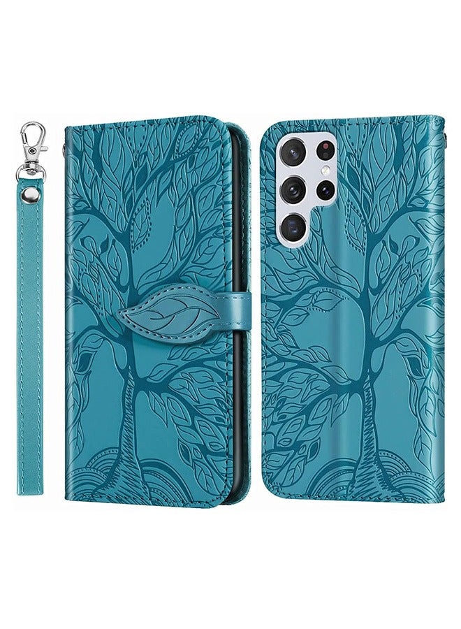 Samsung Galaxy S23 Ultra Case, Samsung S23 Ultra 5G Wallet Case, Embossed Tree Premium PU Leather [Kickstand] [Card Slots] [Wrist Strap] [6.8 inch] Phone Cover for Samsung S23 Ultra (Light Blue)  - Image 1