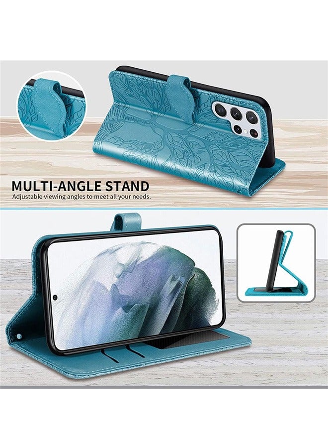 Samsung Galaxy S23 Ultra Case, Samsung S23 Ultra 5G Wallet Case, Embossed Tree Premium PU Leather [Kickstand] [Card Slots] [Wrist Strap] [6.8 inch] Phone Cover for Samsung S23 Ultra (Light Blue)  - Image 4