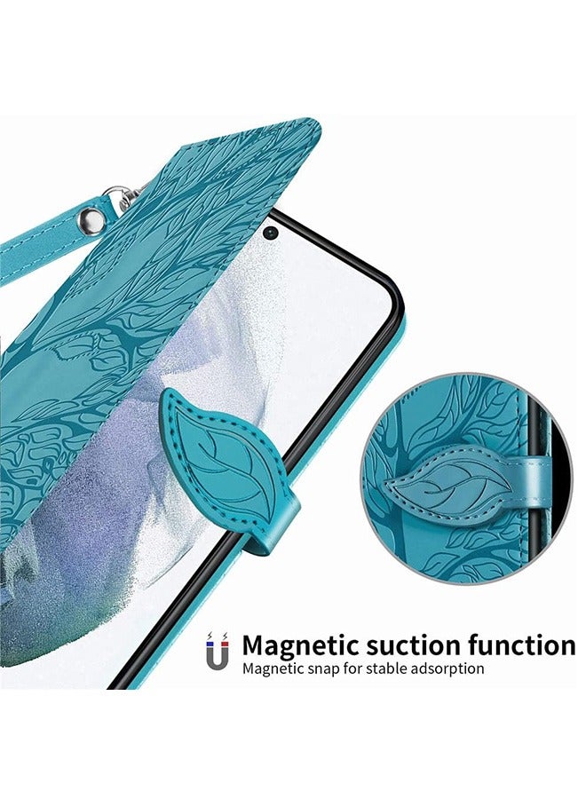 Samsung Galaxy S23 Ultra Case, Samsung S23 Ultra 5G Wallet Case, Embossed Tree Premium PU Leather [Kickstand] [Card Slots] [Wrist Strap] [6.8 inch] Phone Cover for Samsung S23 Ultra (Light Blue)  - Image 5