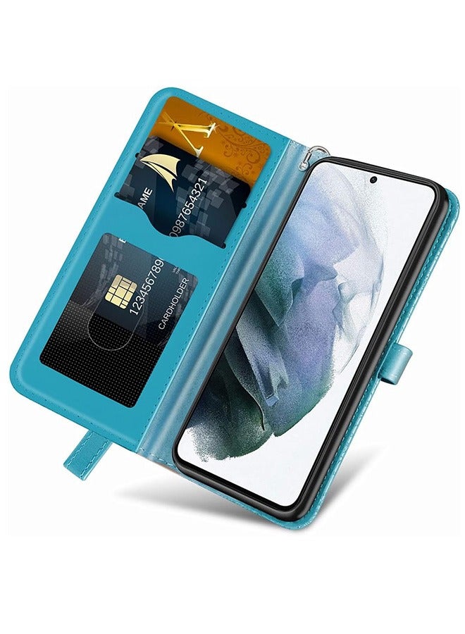 Samsung Galaxy S23 Ultra Case, Samsung S23 Ultra 5G Wallet Case, Embossed Tree Premium PU Leather [Kickstand] [Card Slots] [Wrist Strap] [6.8 inch] Phone Cover for Samsung S23 Ultra (Light Blue)  - Image 3