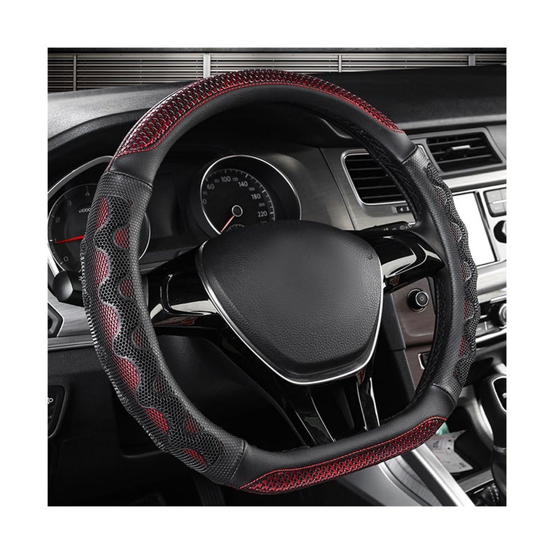 Yourkar Car Steering Wheel Cover 15 Inch Leather DShaped Comfy Grip Steering Wheel Protector AntiSlip Steering Wheel Cover with 3D Honeycomb for Most Vehicles Car Accessories Red