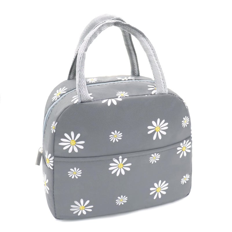 Sonuimy Insulated Lunch Bag Women Girls Reusable Cute Tote Lunch Box for Adult  Men Leakproof Cooler Lunch Bags for Work Office Travel School Picnic Grey with White Daisy