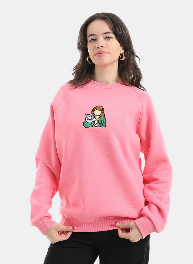 Andora Embrodried Long Sleeves Round Collar Sweatshirt-Rose - Image 1