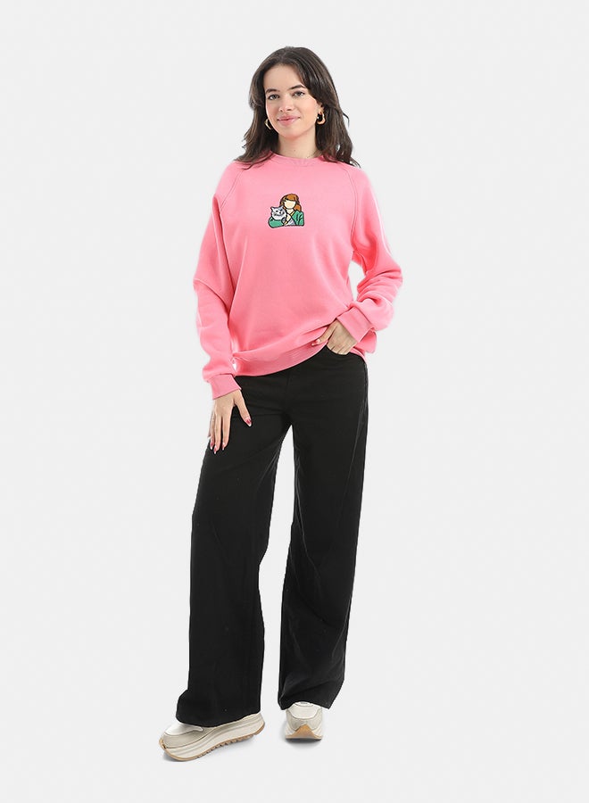 Andora Embrodried Long Sleeves Round Collar Sweatshirt-Rose - Image 5