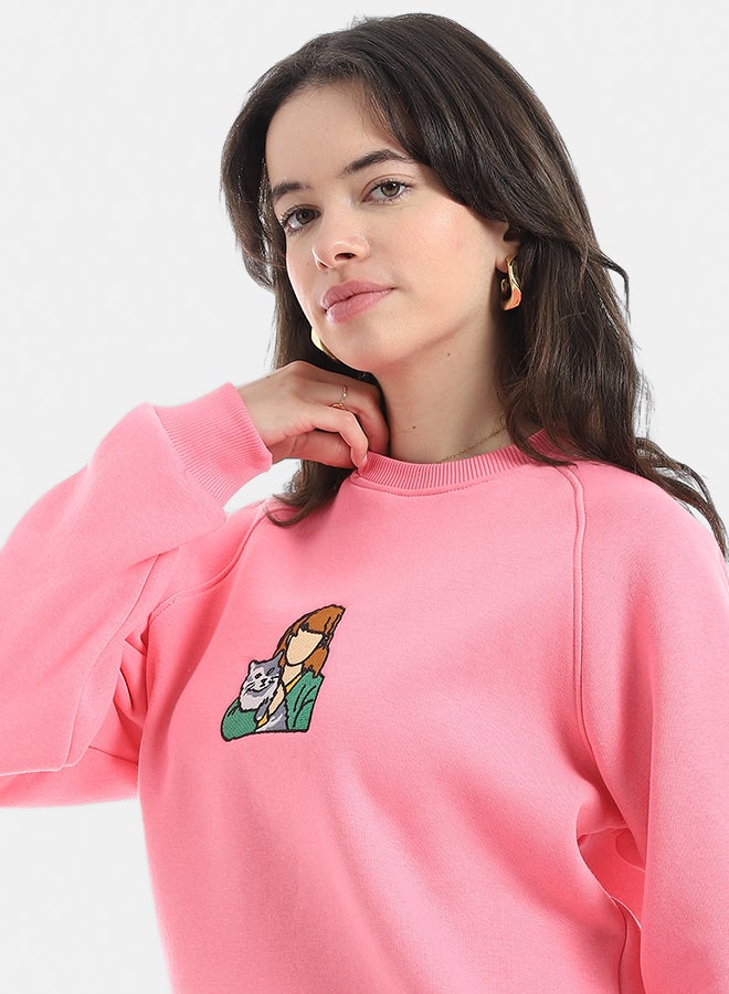 Andora Embrodried Long Sleeves Round Collar Sweatshirt-Rose - Image 4