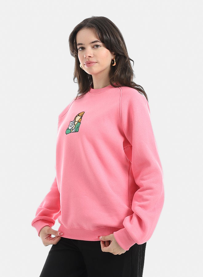 Andora Embrodried Long Sleeves Round Collar Sweatshirt-Rose - Image 2