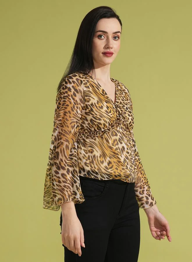 جلو باص بلوزة جلوبس نسائية بطبعة حيوانات وأكمام واسعة بحافة مضلعة