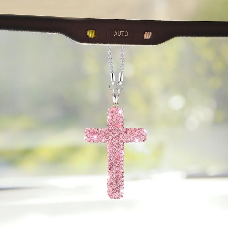 ZIMISI Bling Cross Car Hanging Ornament Crystal Rhinestone Car Rearview Mirror Pendant for Women Diamond Rear View Mirror Charm Present Universal Vehicle Interior Decoration Accessory Pink - Image 3