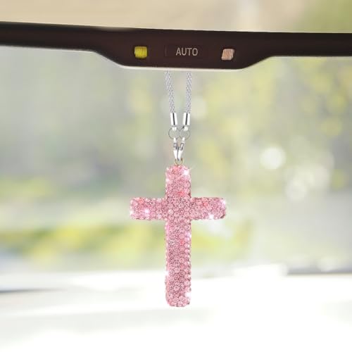 ZIMISI Bling Cross Car Hanging Ornament Crystal Rhinestone Car Rearview Mirror Pendant for Women Diamond Rear View Mirror Charm Present Universal Vehicle Interior Decoration Accessory Pink - Image 1