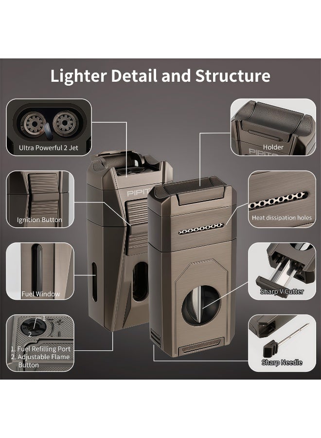 Cigar Torch Lighter, Double Jet Flame Refillable Butane Lighters with Cigar Cutter V Cut, Cigar Holder, Windproof Butane Lighters - Image 2