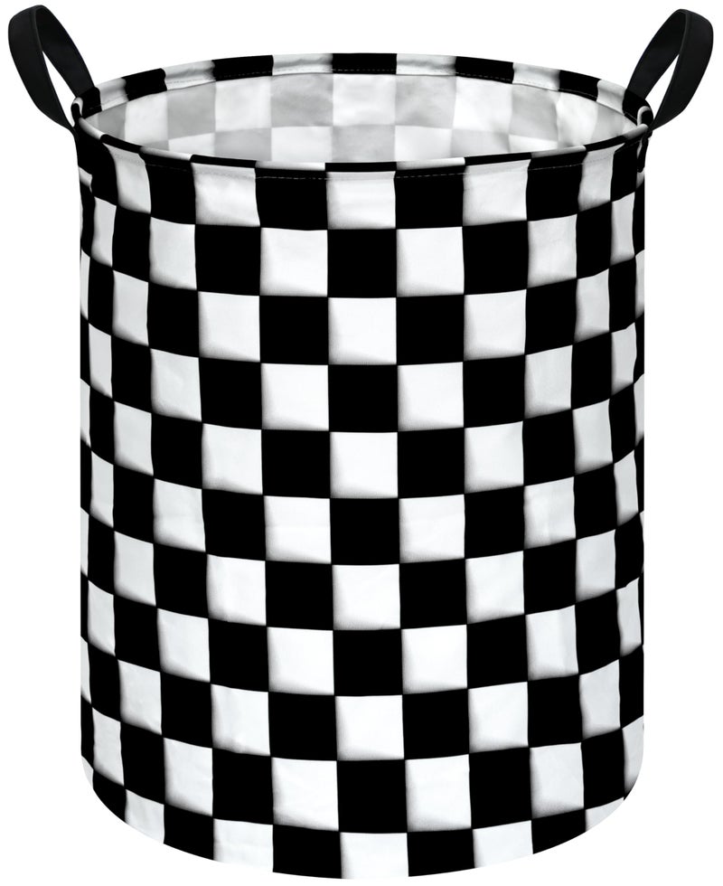 KUNRO Round Black-white Checker Laundry Gift Basket Storage Hamper, Clothes Storage Organizer Bins, Shelf Basket with Handles for Room Decor - Image 1