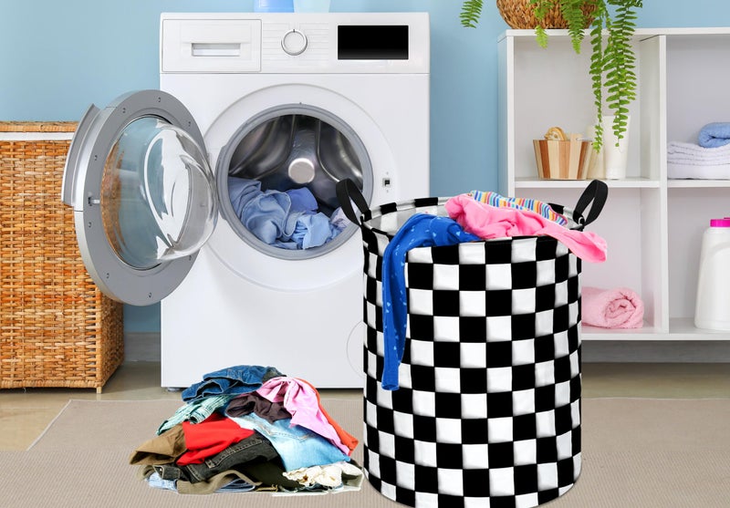 KUNRO Round Black-white Checker Laundry Gift Basket Storage Hamper, Clothes Storage Organizer Bins, Shelf Basket with Handles for Room Decor - Image 3