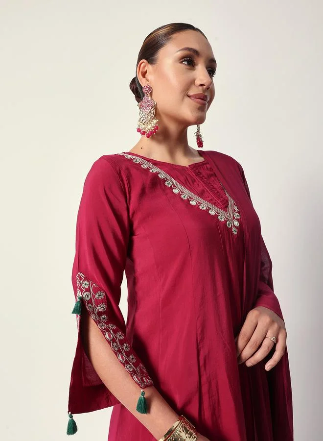 ISHIN Women's Pink Silk Textured Tunic Full Palazzo Regular Fit Kurta Set