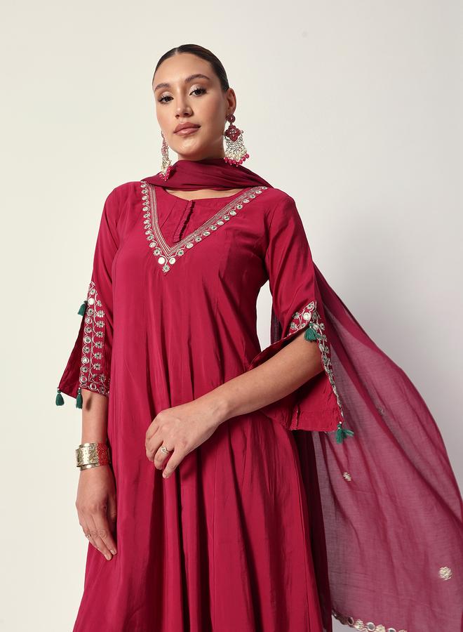 ISHIN Women's Pink Silk Textured Tunic Full Palazzo Regular Fit Kurta Set - Image 3