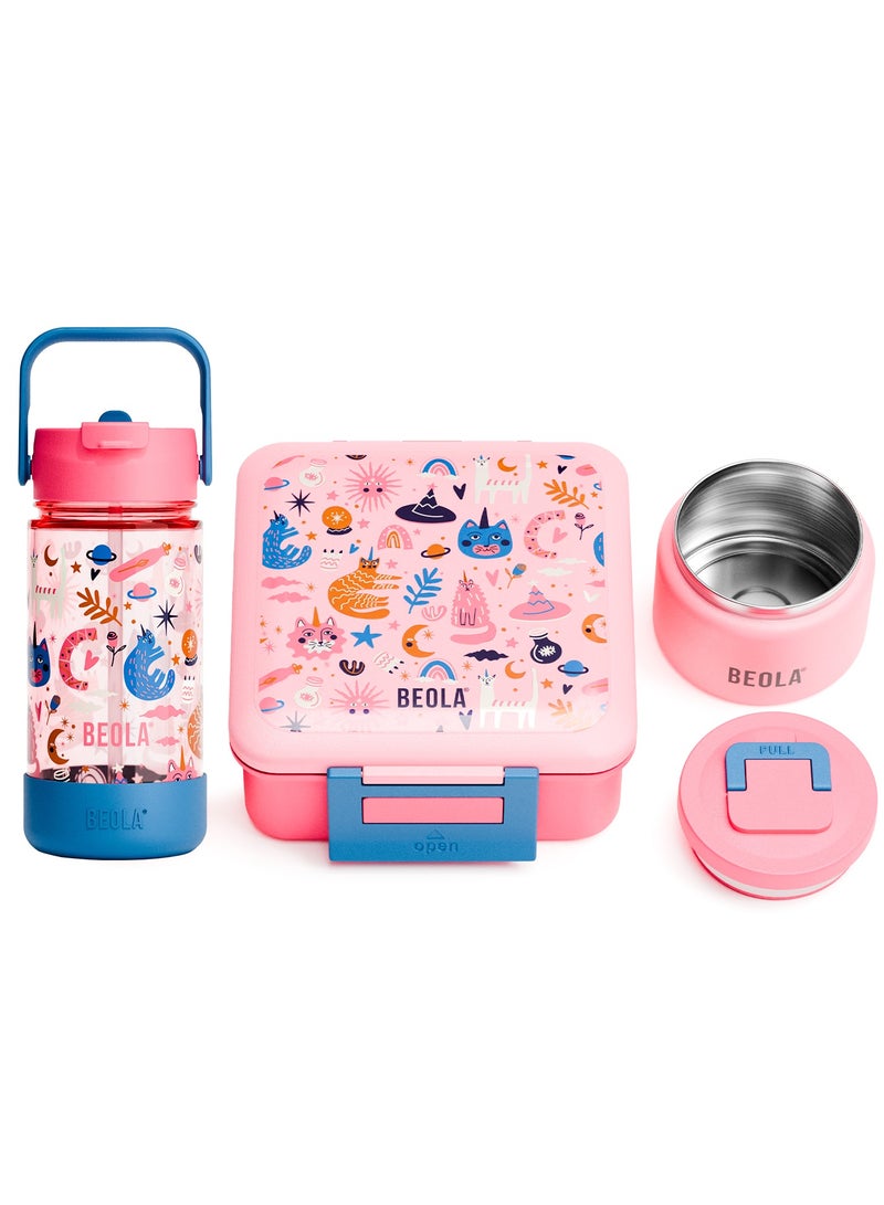 بيولا مجموعة بيولا مكونة من قطعتين، صندوق غداء للأطفال للمدرسة مع زجاجة، علبة بنتو غداء للأطفال مع وعاء طعام معزول بسعة 8 أونصات وزجاجة ماء معزولة بسعة 500 مل بغطاء شفاط وقاعدة سيليكون (يوني كات ماجيك) - Image 1