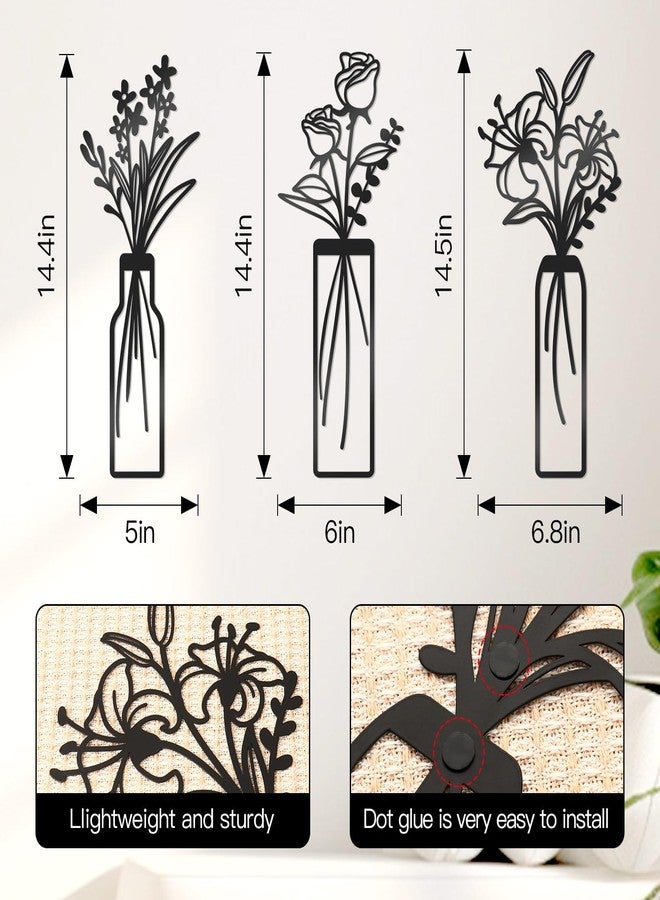 KOYILTD 3 Pcs Large Black Metal Flowers and Vases Wall Decor Farmhouse Metal Flowers Wall Art Minimalist Art Flower Arrangement for Living Room Bedroom or Kitchen (Black, Floral C) - Image 3