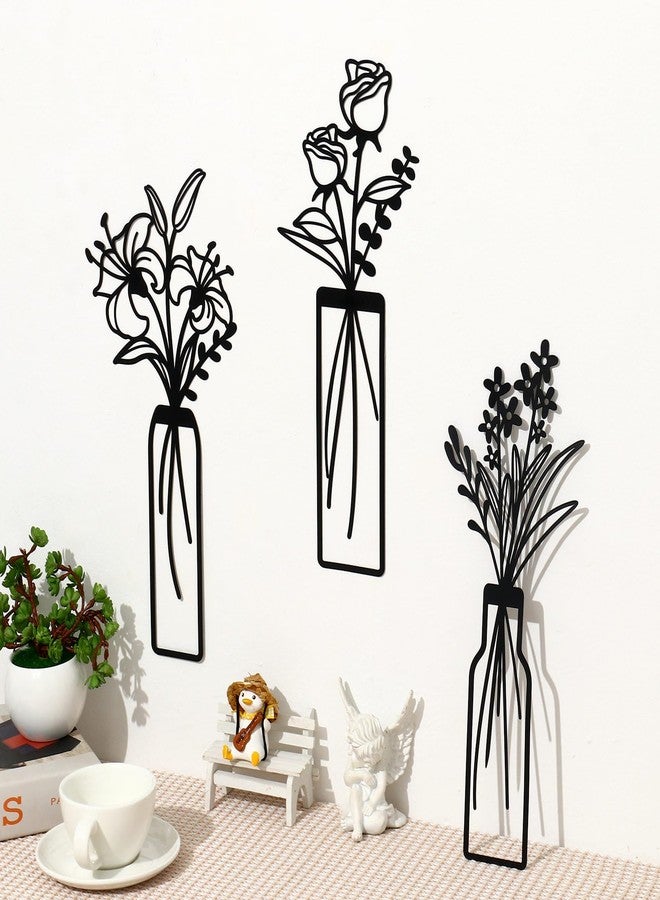 KOYILTD 3 Pcs Large Black Metal Flowers and Vases Wall Decor Farmhouse Metal Flowers Wall Art Minimalist Art Flower Arrangement for Living Room Bedroom or Kitchen (Black, Floral C) - Image 5