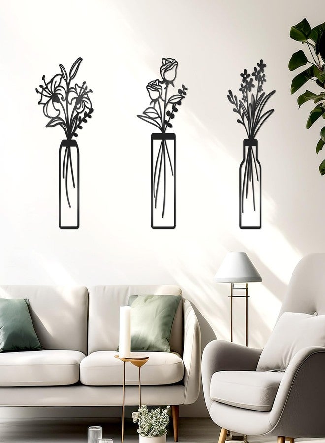 KOYILTD 3 Pcs Large Black Metal Flowers and Vases Wall Decor Farmhouse Metal Flowers Wall Art Minimalist Art Flower Arrangement for Living Room Bedroom or Kitchen (Black, Floral C) - Image 2