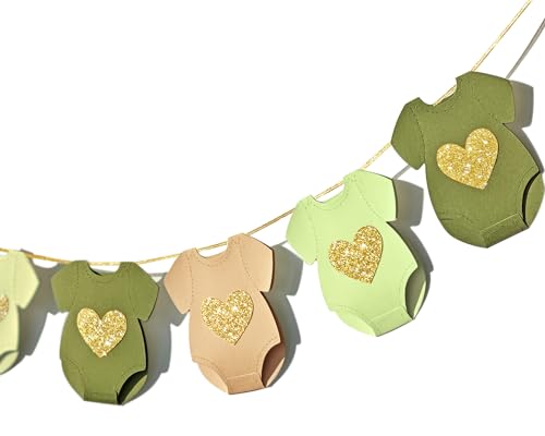 Letjolt Green Brown Baby Shower Paper Garland ShortSleeve Bodysuits Clothesline Garland Gender Reveal Birthday Banner Baby Outfit Pre Strung Paper Decorations 9 pcs - Image 1