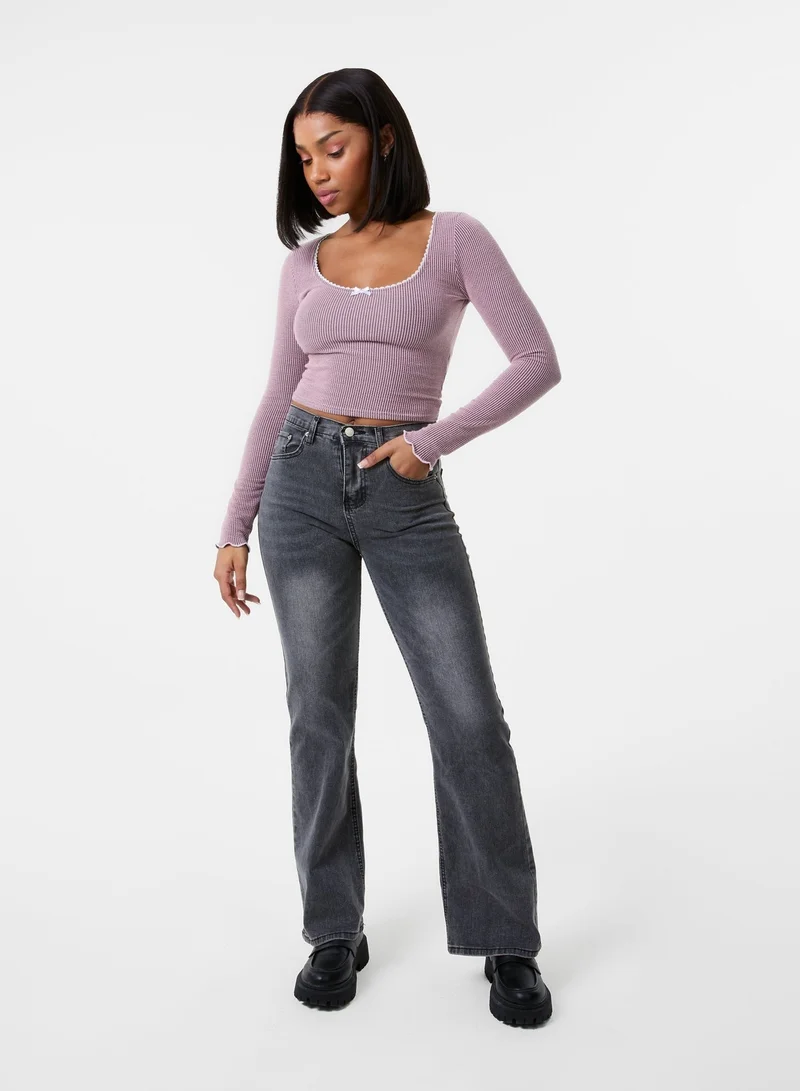 Pink Vanilla  Long Sleeve Rib Top with Bow for Women | Best Price UAE