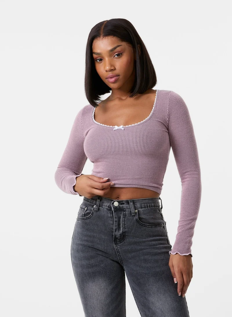 Pink Vanilla  Long Sleeve Rib Top with Bow for Women | Best Price UAE