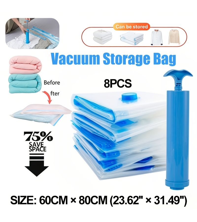 9pcs Vacuum Compression Bags with Hand Pump Space Saver For Travel Clothes Storage - Image 1