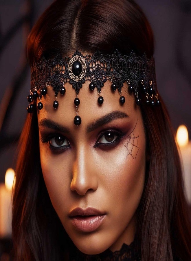CLOACE Gothic Headband Black Rhinestone Lace Headpiece Beaded Halloween Headchain for Women (Beads) - Image 4