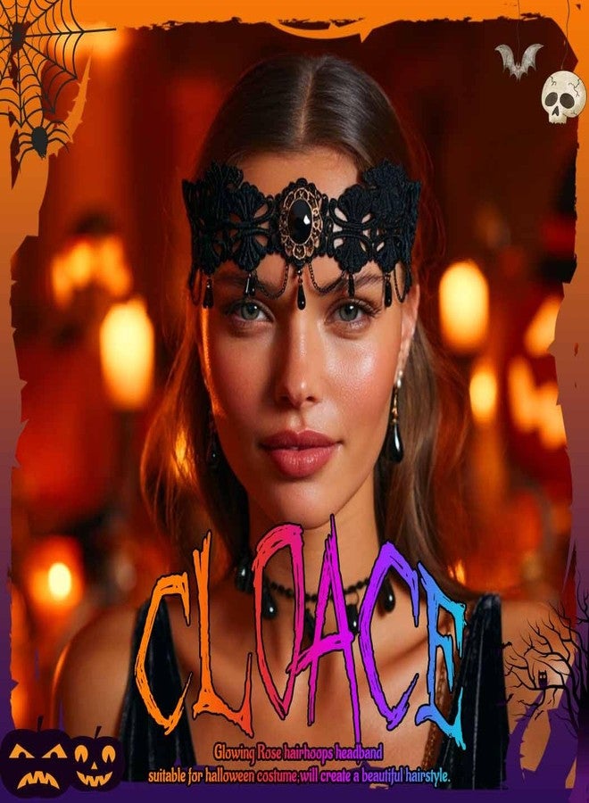 CLOACE Gothic Headband Black Rhinestone Lace Headpiece Beaded Halloween Headchain for Women (Beads) - Image 3